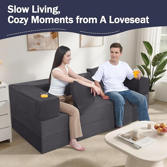 COMAX Futon Sofa Bed Queen, 79" Convertible Sofa Bed Couches for Living Room, 4 in 1 Folding Boneless Sleeper Corduroy Couch Loveseat Foam in a Box, Foldable Comfy Lounge Fold Out Floor Mattress Grey