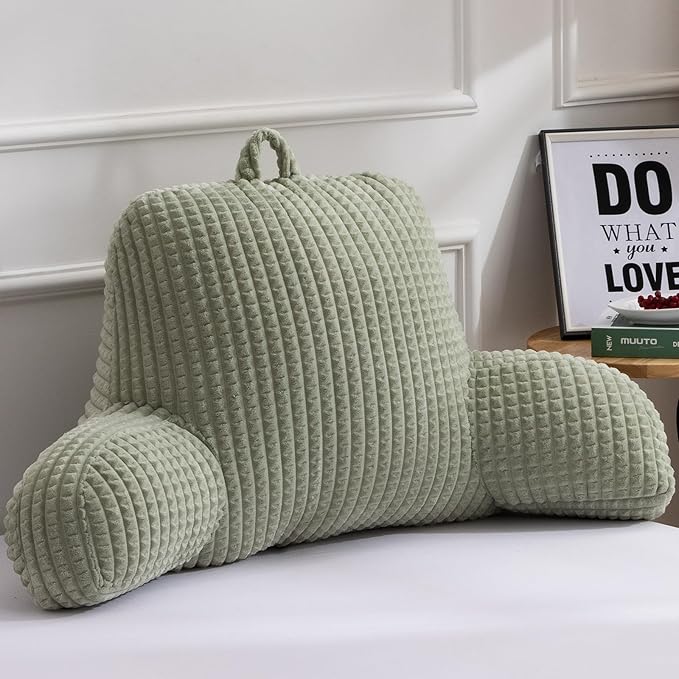 A Nice Night Reading Pillow Bed Wedge Large Adult Children Backrest with Arms Back Support for Sitting Up in Bed/Couch for Lounging Bedrest,Waffle Stereoscopic Design,LightGreen