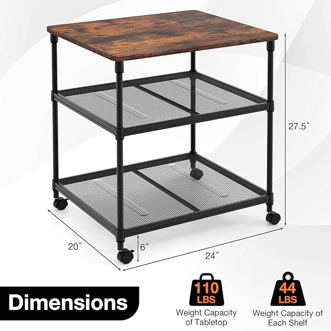Giantex Printer Stand, 3-Tier Industrial Printer Cart with Lockable Wheels, Adjustable Shelves, Metal Frame, Mobile Under Desk Shelf for Home Office, Printer Table Fit Fax Machine, Scanner (Brown)
