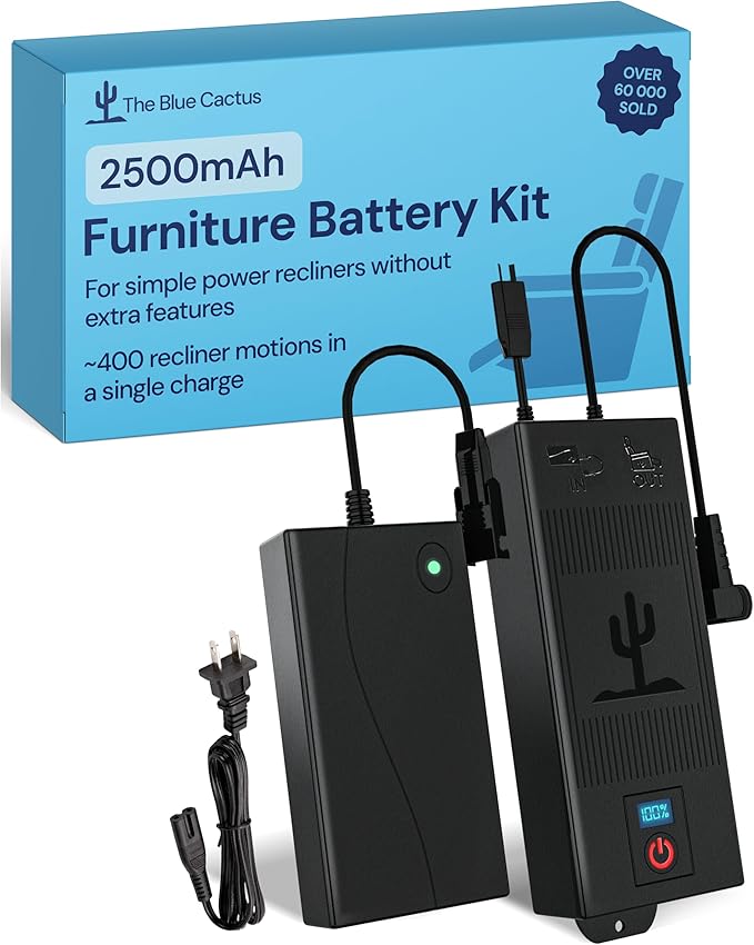 The Blue Cactus 2500mAh Furniture Battery Kit - Battery, Power Transformer, Power Cord - 2-Pin Furniture Connector - with LCD Display for Simple Recliner Chairs