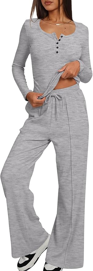 Darong Womens 2 Piece Matching Lounge Sets 2026 Long Sleeve Henley Shirts Wide Leg Pants Airport Travel Outfits