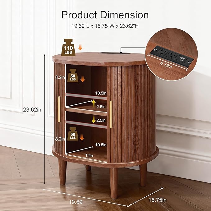 DHH Mid Century Modern Nightstand Set of 2 with Charging Station, Fluted Accent Side Table with Sliding Door & Adjustable Shelf, End Table for Small Space, Living Room, Bedroom,Sofa Couch(2, Walnut)