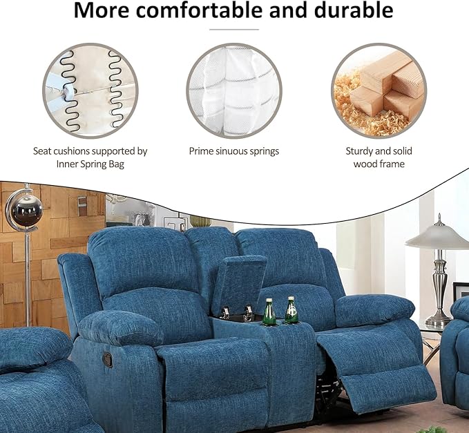 AYCP Microfiber Living Room Furniture Set Reclining Sofa Set Loveseat Furniture Sets in Living Room Sofa Recliners (Loveseat, Blue Microfiber)