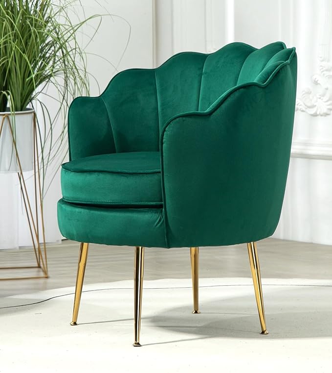 Container Furniture Direct Velvet Barrel Accent Chair with Scalloped Silhouette and Gold Metal Legs, Decorative Piece Suitable for Traditional, Modern, and Contemporary Spaces, Green