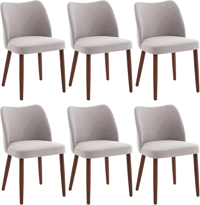 ElfinAura Dining Chair Set of 6, Linen Upholstered Dining Chair with Wood Legs, Wing Backrest, Wooden Kitchen Chair, Kitchen Chairs with Thick Cushions for Dining Room, Living Room, Light Grey