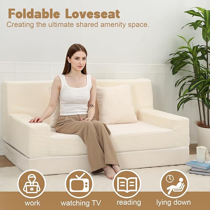 MeMoreCool Boneless Folding Queen Sofa Bed – Corduroy Convertible Sleeper Chair & Fold‑Out Futon for Living Room Guest Use