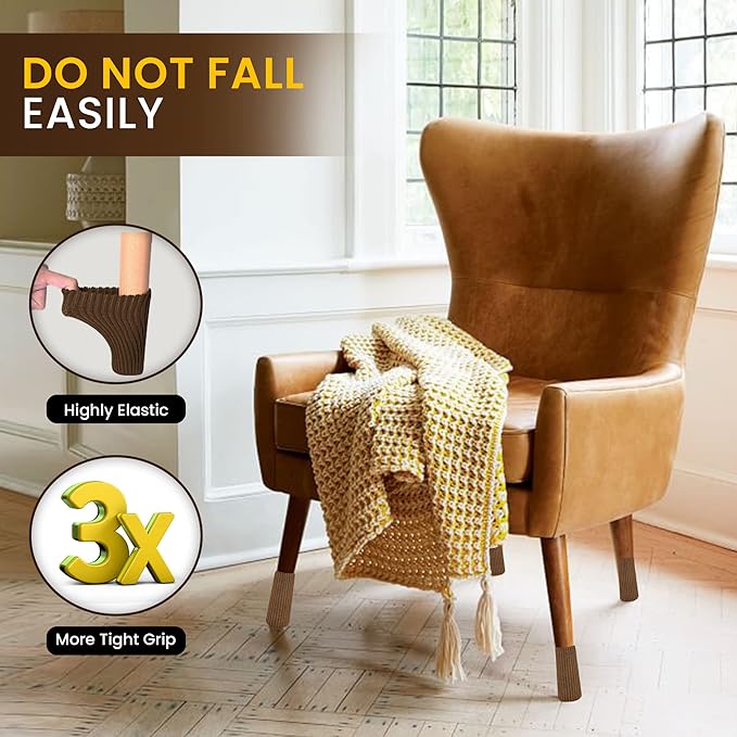 24 Pcs Brown Premium Chair Leg Socks Protectors for Hardwood Floors - Do not Easily Fall Off - Very Easy to Put on - Fits All Leg Shapes - High Elastic Bar Stool Leg Covers - Furniture Pads