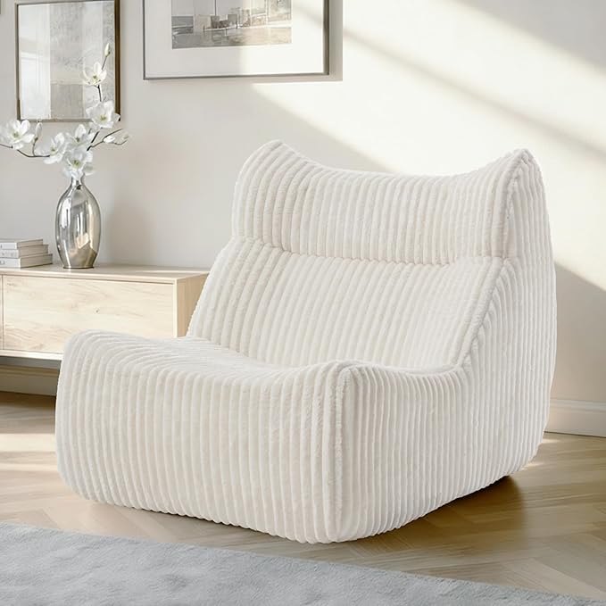 Big Bean Bag Chairs, Lazy Floor Sofa, Fireside Chair for Living Room, Bedroom, Office (White, Single Seat)