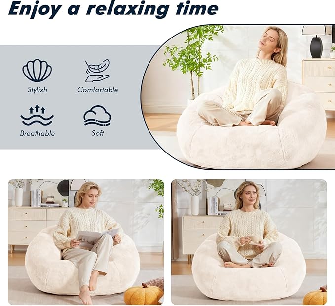 3.28 Feet Bean Bag Chair for Adults, Shell-Shaped Bean Bag Lazy Couch, Faux Fur Cloud Sofa Chair, Lounge Floor Sofa with Filler for Reading, Gaming & Watching, No Assembly Required (Beige)