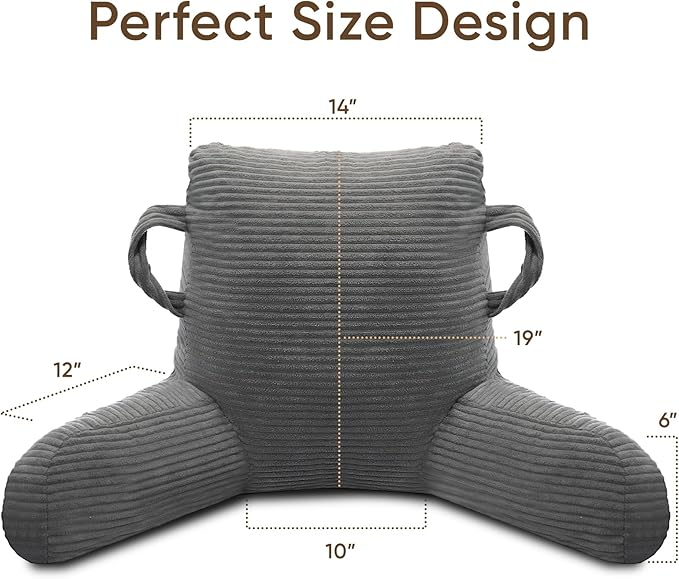ABROLOY Reading Pillow for Sitting in Bed Adult, Bed Reading Pillow with Shredded Memory Foam, Back Pillow for Sitting with Arms and Pockets, Gery