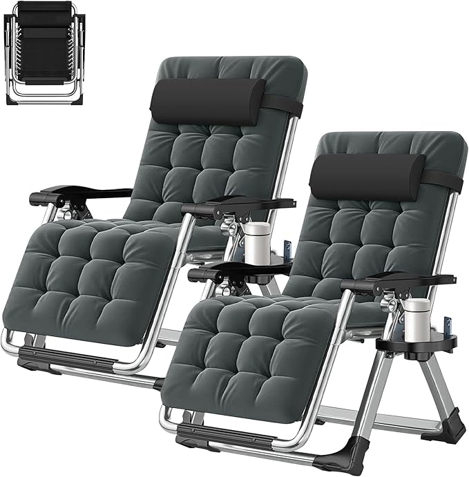 ABORON 2 Pack Zero Gravity Chair, Outdoor Lounge Chairs Sun Loungers with Removable Cushion,Headrest,Cup Holder,Reclining Patio Lounger Chair for Indoor and Outdoor