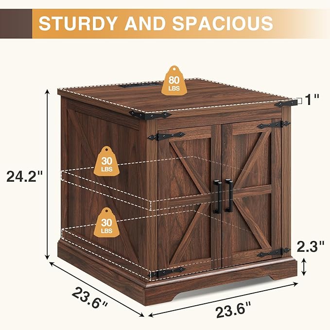 Barnyatoh Farmhouse End Table with Charging Station,24" Large Sofa Side Table with Barn Door, Rustic Wood Square Nightstand Bedside Table with Adjustable Storage Shelf for Living Room, Bedroom,Walnut