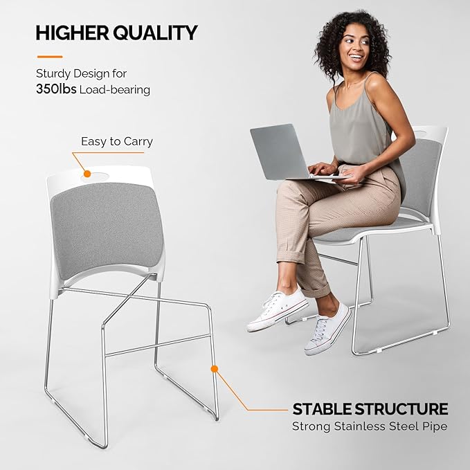VINGLI Stackable Chairs Set of 8, Stacking Office Chairs with Metal Sled Base, Ergonomic Plastic Padded Seat & Back, Capacity 350lbs, Stacking Chairs for Waiting Room Break Room Banquet Guest, Gray
