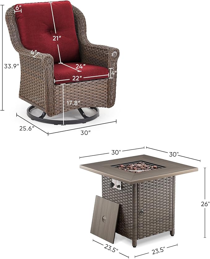 ACTREST Outdoor Patio Swivel Gliders with Fire Pit Table 5 Piece Set - High Back Brown Wicker Rattan Rocking Chair with Thick Cushion for Porch Apartment Deck Yard Poolside Garden - Red