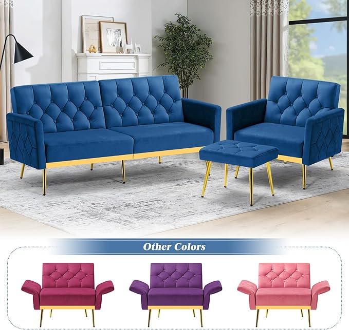ACMEASE Velvet Accent Chair w/Adjustable Armrests and Backrests, Tufted Single Sofa with Ottoman, Upholstered Reading Chiar for Living Room, Apartment, Bedroom, Blue