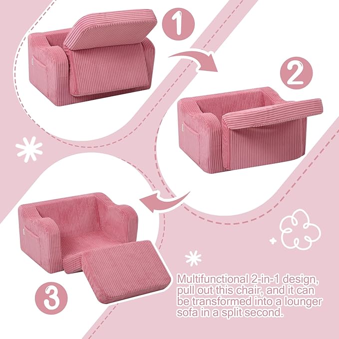MeMoreCool Toddler Chair & Kids Couch Bed 2‑in‑1 Foldable Lounge Pink (1‑3 yrs) — Convertible Fold‑Out Seat to Sofa Bed for Toddlers, Soft Corduroy Finish, Machine‑Washable Cover, Ideal for Playrooms
