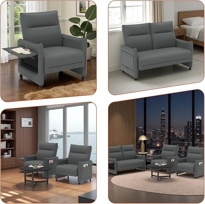 3-Piece Living Room Sofa Set, Faux Leather Loveseat & Accent Chairs Set of 2 with Hidden Foldable Tray & Side Pocket, Front Contour Arm Design, Upholstered Sofa Set for Office, Gray