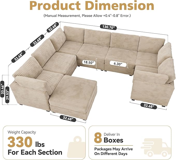 CAODOC Large 8 Seat Modular Sectional Sofa with Ottoman Seat Corduroy Sleeper Sectional Sofa Bed Oversized Convertible Modular Couch for Living Room