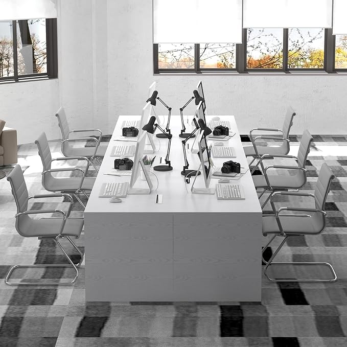DM Furniture Office Desk Chair Set of 8,No Wheels PU Leather Computer Chairs Mid Back Guest Chairs with Seld Base for School/Reception/Conference/Waiting Room,Grey