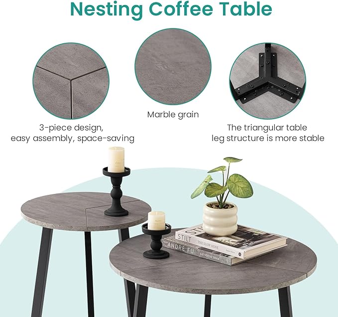 SUNBURY Coffee Table Nesting Grey Set of 2, Round Coffee Table 23.6", Side Tables for Living Room Bedroom Balcony Yard