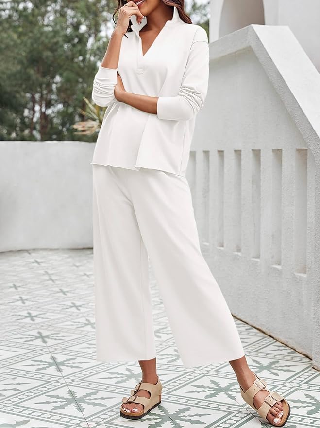 Imily Bela Womens 2 Piece Outfits Sweatsuit Long Sleeve Lapel V Neck Shirt and Wide Leg Pants 2025 Fall Trendy Tracksuit