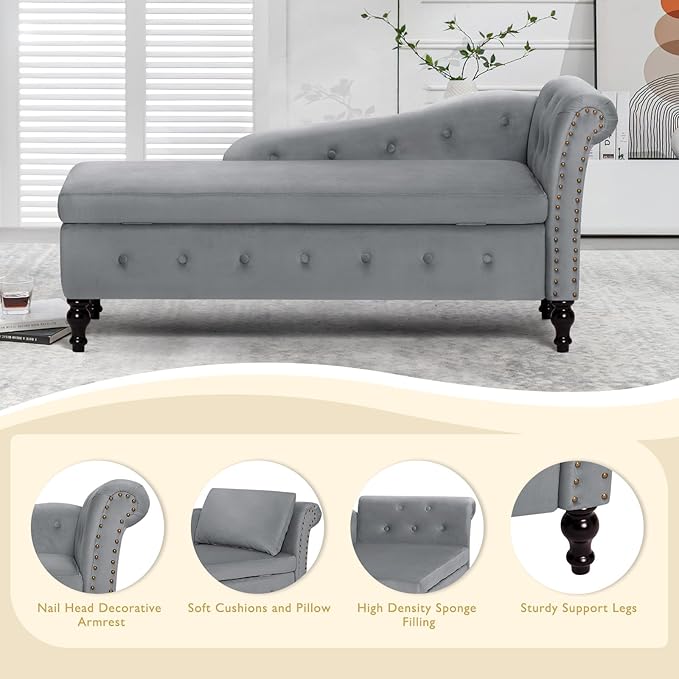 ACMEASE Upholstered Chaise Lounge with Right Armrest & Lumbar Pillow,Button Tufted Lounge Sofa with Storage,Lounge Chair Indoor,Modern Velvet Lounge Chair for Bedroom, Living Room and Office,Grey
