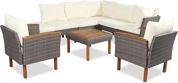 Merax Outdoor Patio Furniture Sets, Free Combination Rattan Sofa with Wood Tabletop, 9-Piece, Beige