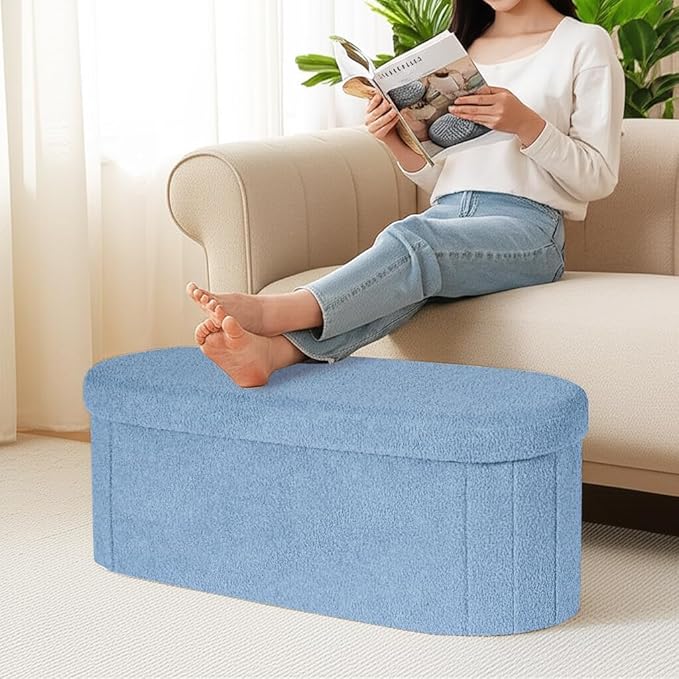 43.3 Inches Collapsible Ottoman with Storage, Bench with Storage Ottoman for Living Room, Bedroom & Entryway-Blue