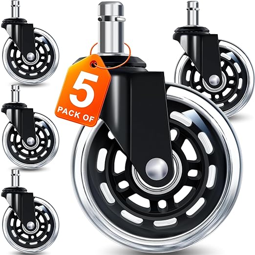 FreekyFit Office Chair Wheels for Casters Replacement - 3" Rubber Wheels for Computer Gaming Desk Caster Smooth & Safe Rolling for All Floors Including Hardwood and Carpet - Set of 5 - Modern