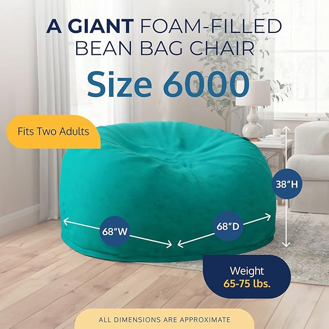ULTIMATE SACK 6000 6-Foot Bean Bag Chair, Teal Suede Cover – Oversized Foam Lounger, Floor Seat, Small Sofa, or Couch Bed for Living Area, Gaming Room, or Reading Lounge
