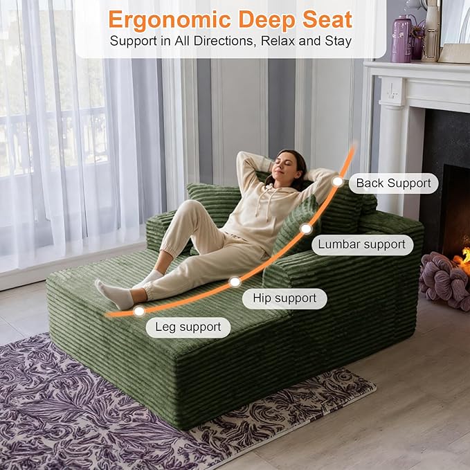 Oversized Chaise Lounge Chair Indoor, Upholstered Single 61'' Round Arm Boneless Cloud Sofa Bed Sleeper Couch, No Assembly Faux Rabbit Fur Memory Foam Reading Chair for Living Room Bedroom Green