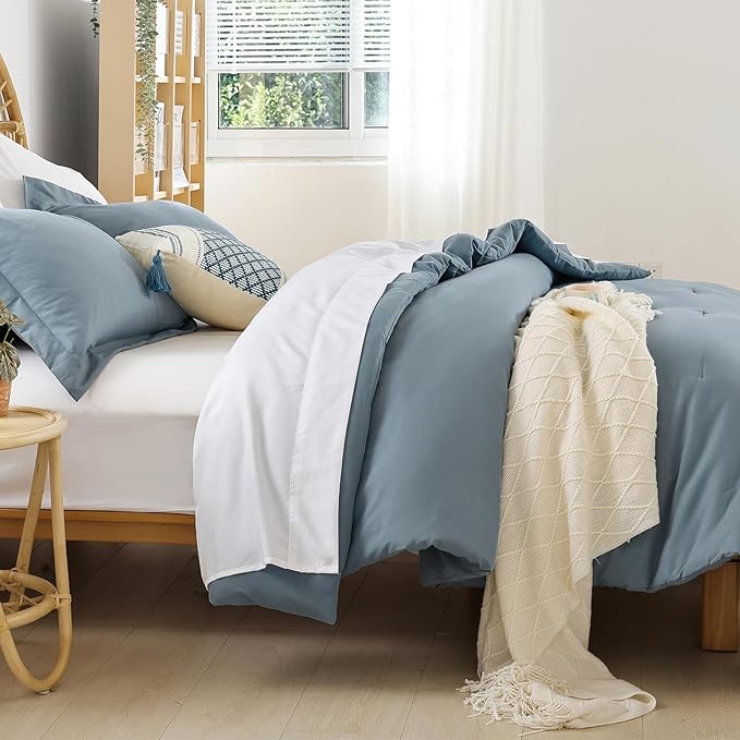 weigelia 5PCS Twin Comforter Set Microfiber Comforter Dusty Blue Comforter Sets for Women and Men Reversible Bed Set Ultra Soft All Season（Comforters, Flat & Fitted Sheets, Pillowcases & Shams）
