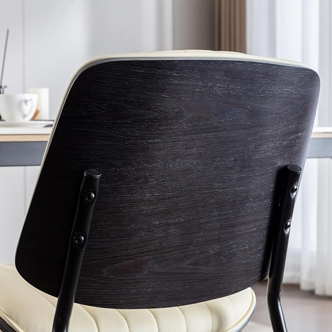 YaFiti Dining Chairs Set of 2, Mid Century Modern Accent Dining Room and Kitchen Chairs, Upholstered PU Leather Vertical Stripe Chairs for Vanity with Walnut Bentwood and Metal Legs, Beige