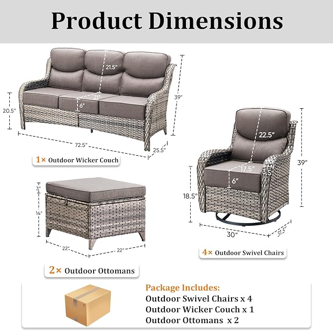 Pugire Luxury High Back Patio Furniture Set with 6-Inch Thick Cushions, 7-Pieces Outdoor Furniture with Swivel Chairs, Wicker Conversation Set for Porch, Balcony, Deck and Yard, Grey
