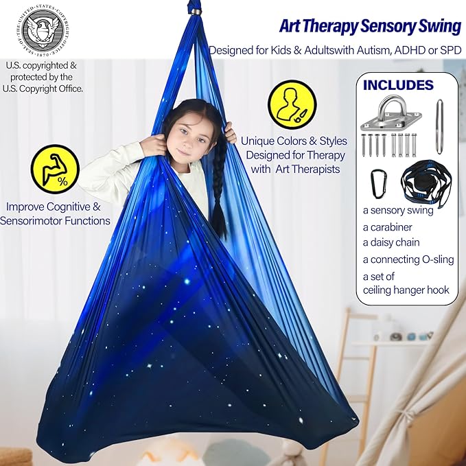 Sensory Swing for Kids Holds up to 300lbs Indoor & Outdoor Therapy Cuddle Swing with Hammock Hooks Hanger Kit for Calming, Effect for Autism, ADHD or SPD. (Space Blue)