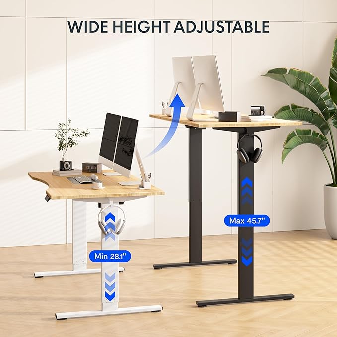 FLEXISPOT EN1 Bamboo Standing Desk, 60 x 30 Inches Whole-Piece Electric Adjustable Height Sit Stand Desk for Home Office (White Frame + Bamboo Curved Desktop, 2 Packages)