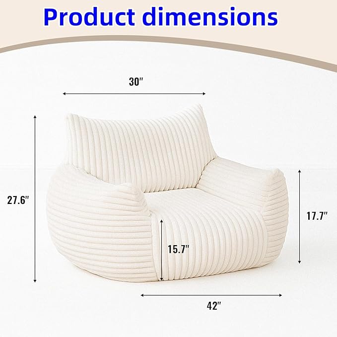 Bean Bag Chair for Adults with Armrest - Ultra Plush Memory Foam Lounge Sofa & Oversized Comfy Chair for Bedroom, Living Room & Dorm (Beige, Without Pedals)