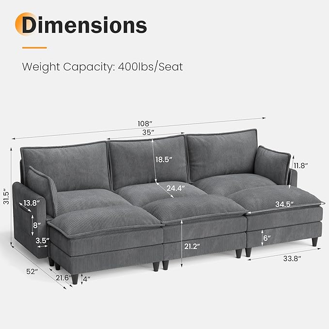 Apicizon 108" Cloud Couch Sectional, Modern Corduroy Cloud Sofa Set with Side Storage Pocket, Comfy Convertible Sleeper Couch with Chaise for Living Room, Apartment, Office, Grey