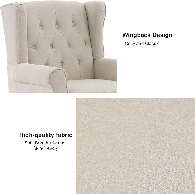 DREAMSIDEA Accent Chair, Upholstered Armchair with Button Tufted High Back & Solid Wood Legs, Comfy Wingback Reading Single Sofa Chair for Small Spaces, Living Room, Bedroom (Beige, Set of 2)