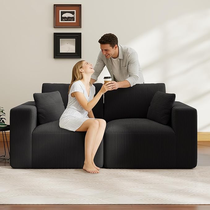 79" Modular Loveseat Cloud Couch, Memory Foam Boneless Double Sofa, Comfy Upholstered Corduroy Frameless Furniture, No Assembly Required Small Couch for Apartment, Living Room, Office, Black