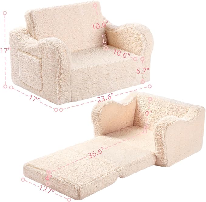 Kids Sofa, 2-in-1 Flip-Out Foam Couch with Soft Sherpa Cover, Cozy Play Lounge Chair, Cream