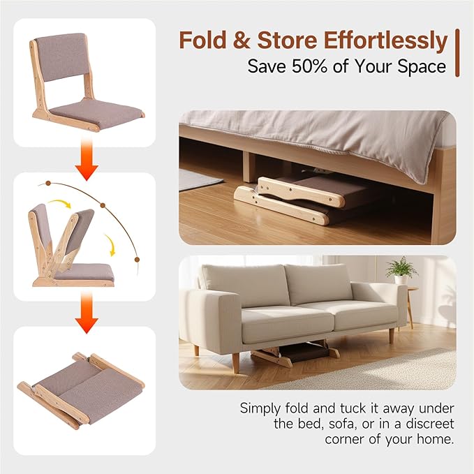 Tiita Floor Chair with Back Support, Foldable Meditation Tatami Chairs, Backrest Chair with Cushion, Living Room Chair Seat 4 Pack, Wood Grey