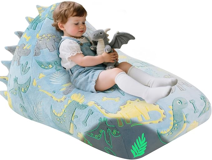 COMAX Dinosaur Bean Bag Chairs for Kids, Kid Beanbag Chair with Filler, Toddler Lounge Bean Chair, Children Lazy Floor Lounger for Girls Boys, Glowing Blue Dino