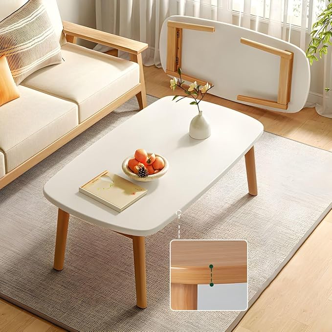 RUNNUP Modern Wood Coffee Table for Living Room Center, Minimalist Display Coffee Table, Foldable Side End Table, 39" L x 22" W x 17" H White