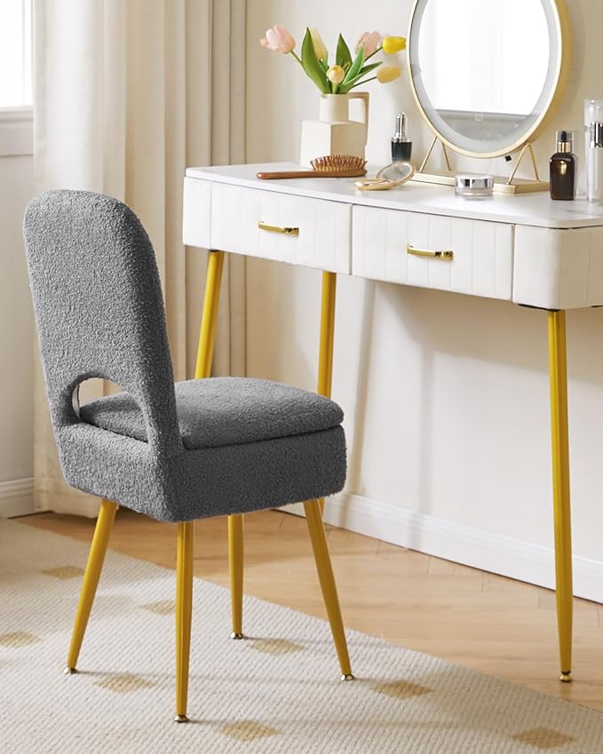 IBUYKE Small Storage Vanity Stool with Folding Backrest, 12.99" x 13.78" x 31.5" Square Teddy Velvet Ottoman, Makeup Chair for Living Room, 4 Metal Legs with Anti-Slip Feet, Gray WBD027G
