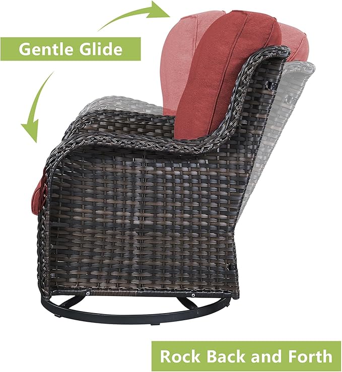 Rilyson Wicker Rocking Chair Swivel Chairs - 2 Piece Rocker Patio Chairs Set Rattan Rocking Chair for Outdoor Porch Deck Garden Backyard (Brown/Red)