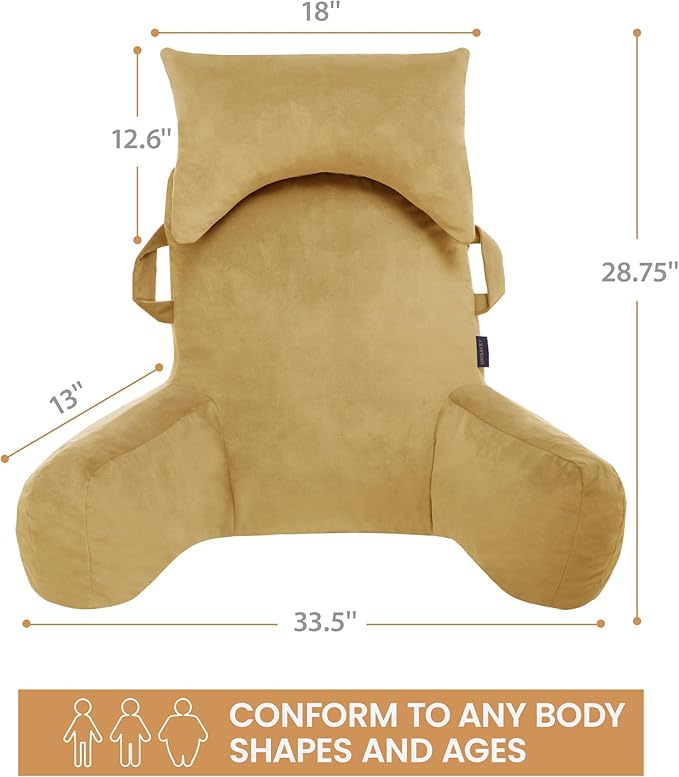 Unisakey Portable Reading Pillows with Headrest for Bed Sitting Up(Camel Oeko-Tex), Velvet Back Pillow with Arms & Pockets for Adults, Support Memory Foam Bed Pillow for Dorm/Reading/Watching/Gaming