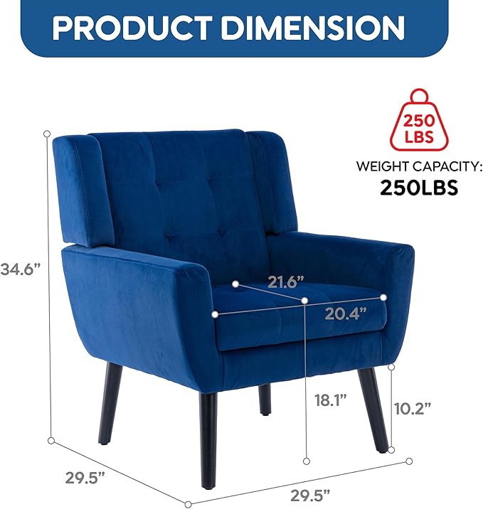 OO BY ORANGE ONLINE Set of 2 Velvet Accent Chair, Mid-Century Modern Tufted Armchair for Living Room, Bedroom & Office (Royal Blue)
