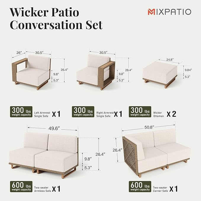 MIXPATIO 8 Pieces Outdoor Patio Furniture Set, Wicker Rattan Modular Sofa Couch, Sectional Patio Conversation Set with 10" Extra Thick Cushions for Deck Backyard Lawn