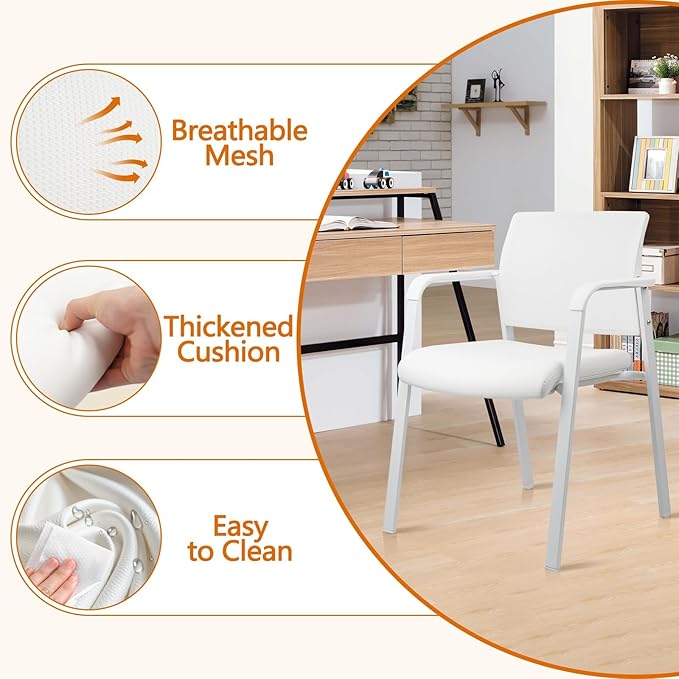 CLATINA Mesh Back Stacking Arm Chairs, Office Reception Guest Chair, Desk Chair No Wheels Ergonomic Lumbar Support and Thickened Seat Cushion for Waiting Conference Room White(1 Pack)